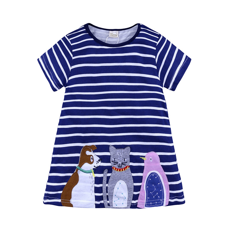 Baby Kid Girls Striped Animals Cartoon Embroidered Dresses Wholesale 22030814