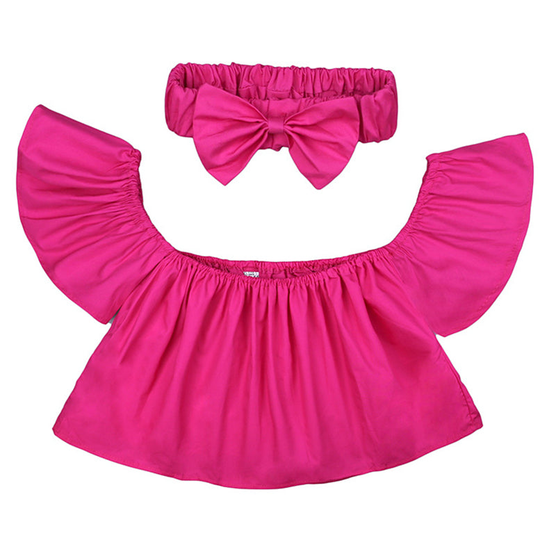 Baby Kid Girls Solid Color Tops And Bow Headwear Wholesale 22030820