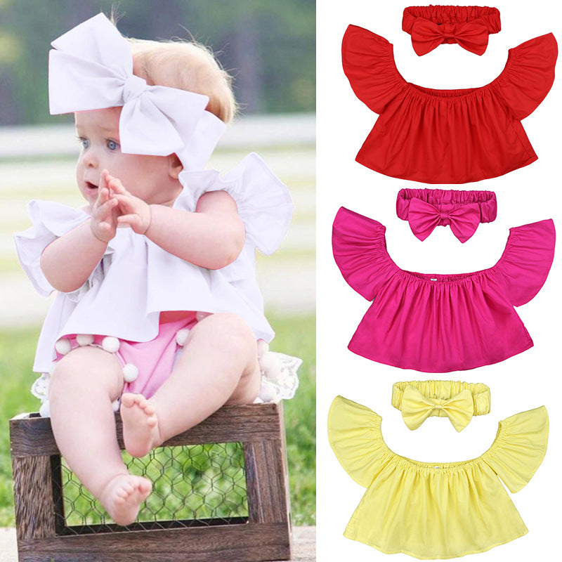 Baby Kid Girls Solid Color Tops And Bow Headwear Wholesale 22030820