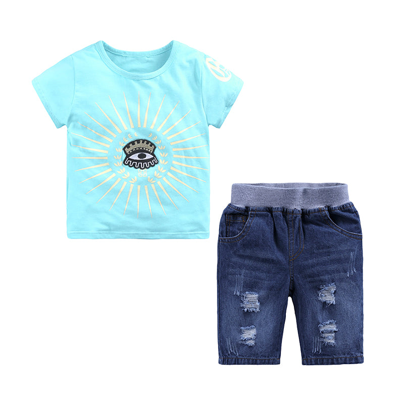2 Pieces Set Baby Kid Boys Cartoon Embroidered T-Shirts And Ripped Shorts Wholesale 22030823
