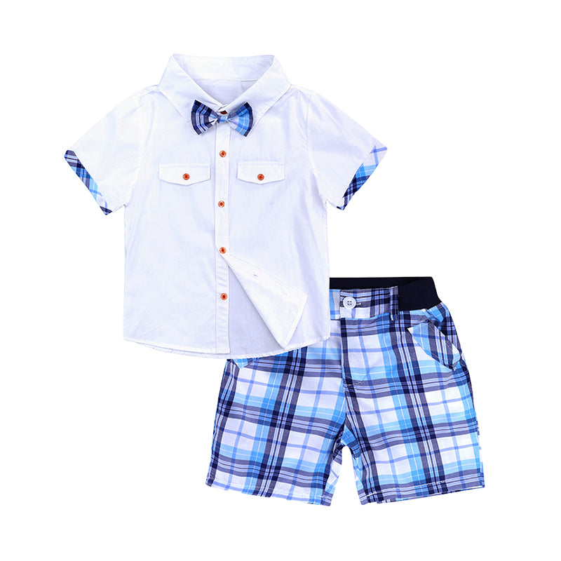 2 Pieces Set Baby Kid Boys Color-blocking Bow Shirts And Checked Shorts Wholesale 22030826
