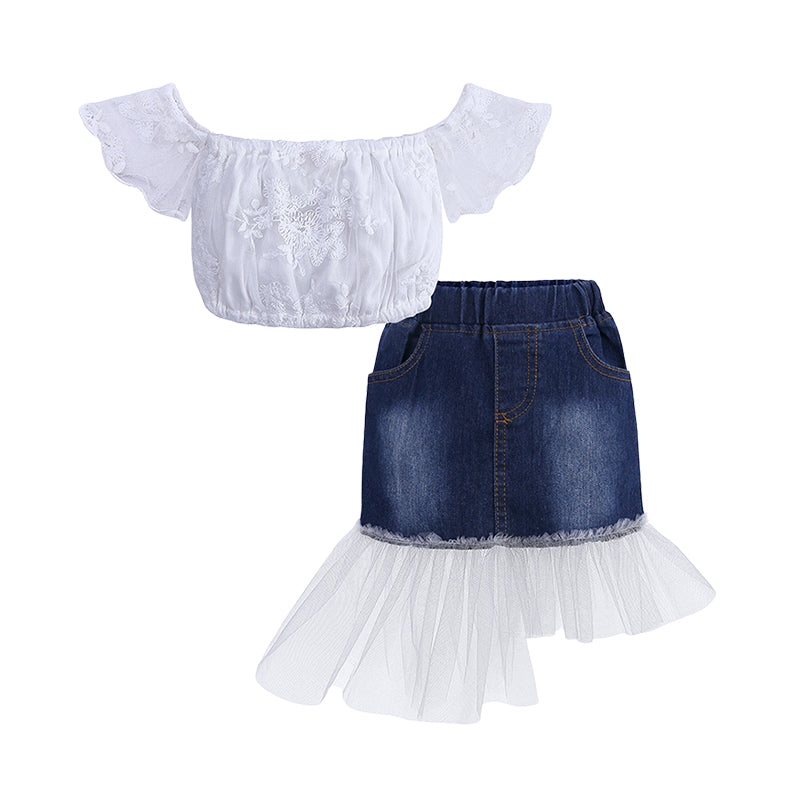 2 Pieces Set Baby Kid Girls Solid Color Embroidered Tops Color-blocking And Lace Skirts Wholesale 22030830