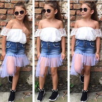 Load image into Gallery viewer, 2 Pieces Set Baby Kid Girls Solid Color Embroidered Tops Color-blocking And Lace Skirts Wholesale 22030830
