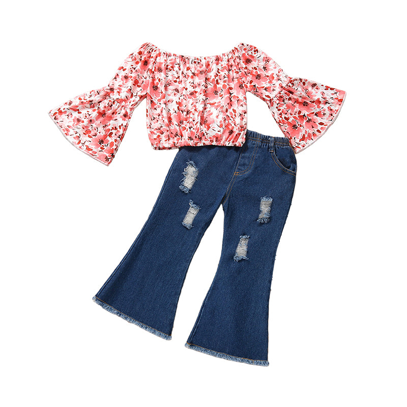 2 Pieces Set Baby Kid Girls Flower Print Tops And Ripped Pants Wholesale 220310189