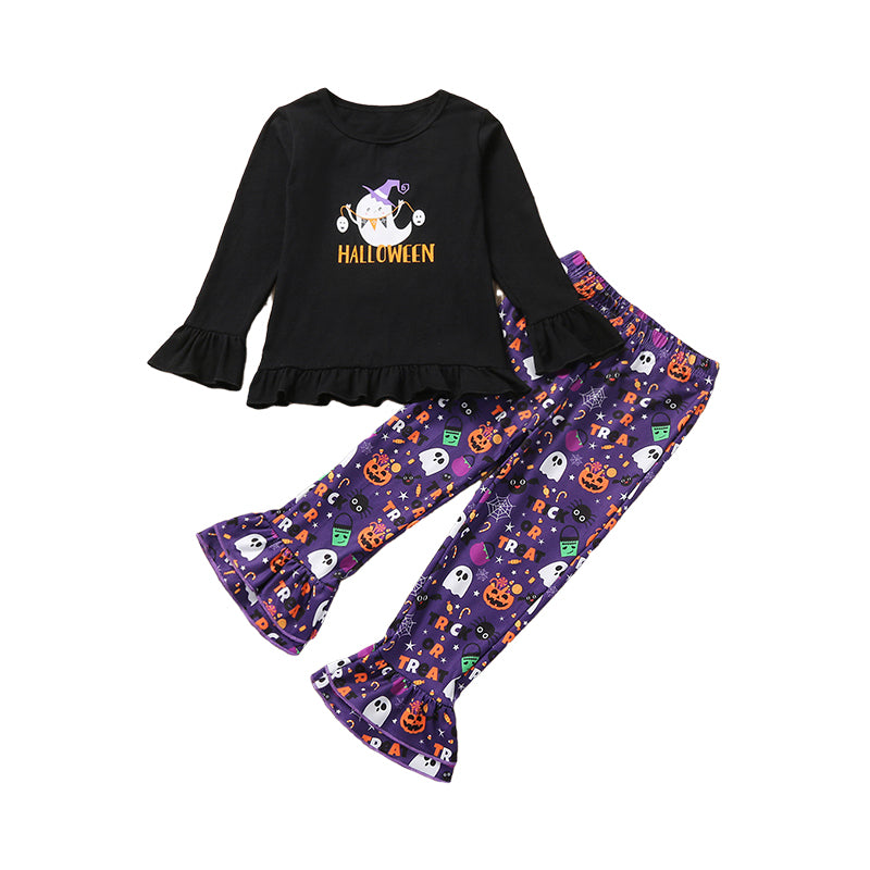 2 Pieces Set Baby Kid Girls Halloween Letters Print Tops And Cartoon Pants Wholesale 220310191