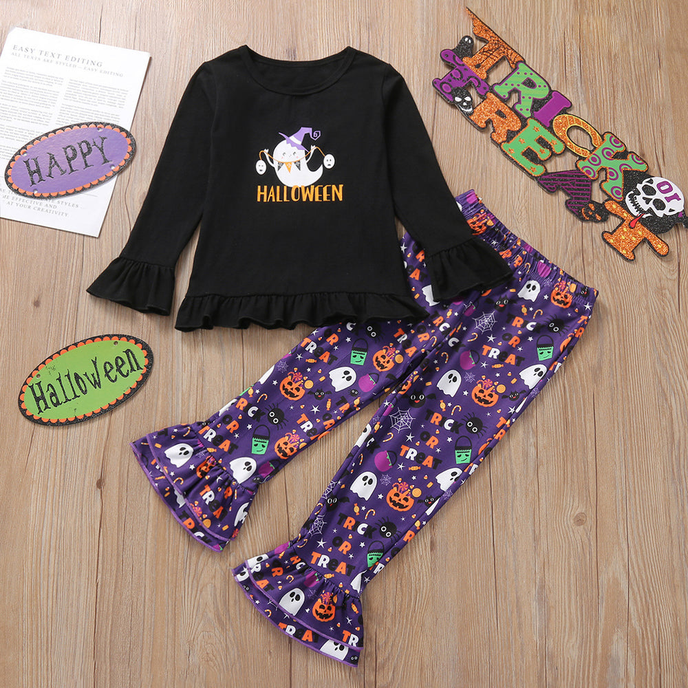 2 Pieces Set Baby Kid Girls Halloween Letters Print Tops And Cartoon Pants Wholesale 220310191