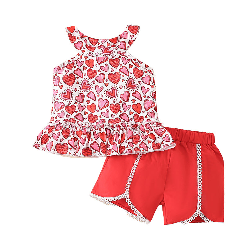 2 Pieces Set Baby Kid Girls Love heart Tank Tops And Solid Color Shorts Wholesale 220310291