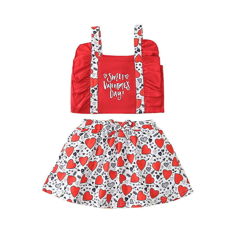 2 Pieces Set Baby Kid Girls Valentine's Day Letters Love heart Print Tank Tops And Bow Skirts Wholesale 220310293