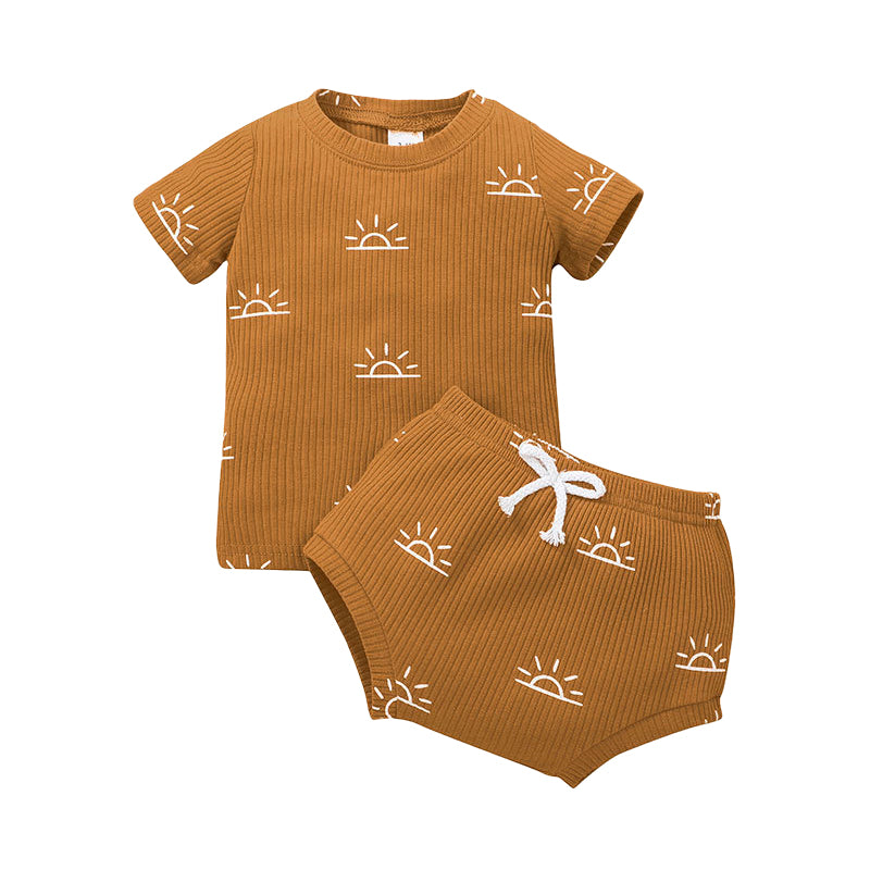 2 Pieces Set Baby Unisex Muslin&Ribbed Print T-Shirts And Ribbon Shorts Wholesale 220310342