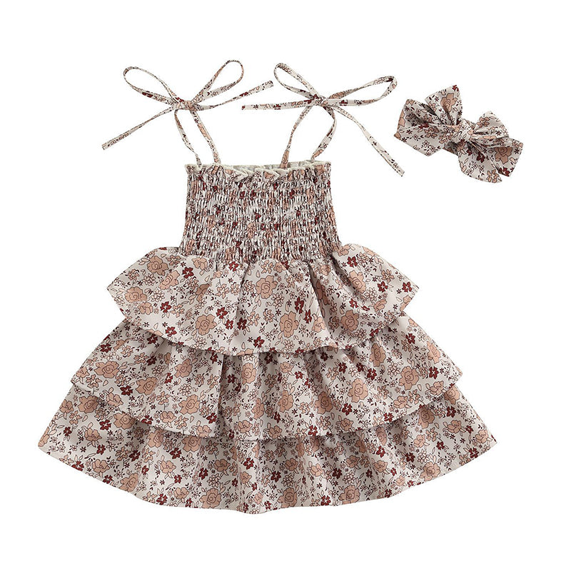 Baby Kid Girls Flower Bow Print Dresses Wholesale 220310378