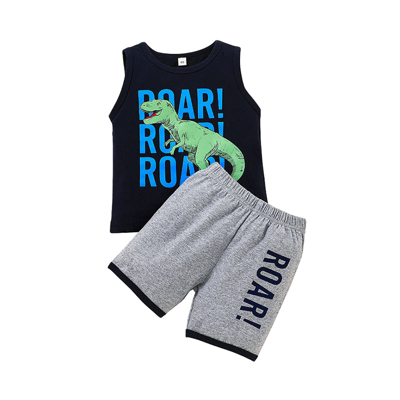2 Pieces Set Baby Kid Boys Letters Dinosaur Print Tank Tops And Color-blocking Shorts Wholesale 220310384