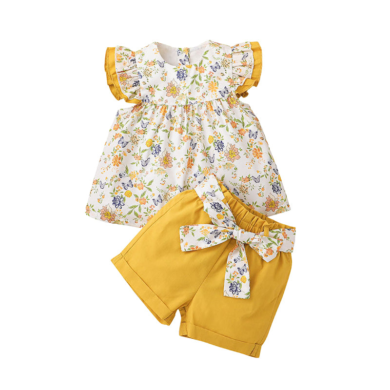2 Pieces Set Baby Kid Girls Flower Print Tops And Bow Shorts Wholesale 220310436