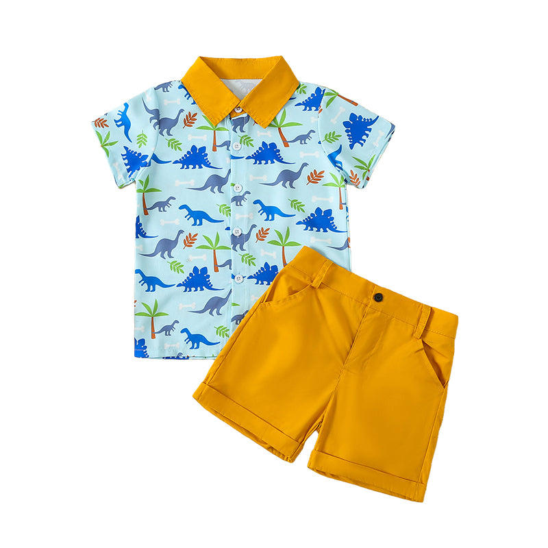2 Pieces Set Baby Kid Boys Dinosaur Animals Plant Print Shirts And Solid Color Shorts Wholesale 220310537