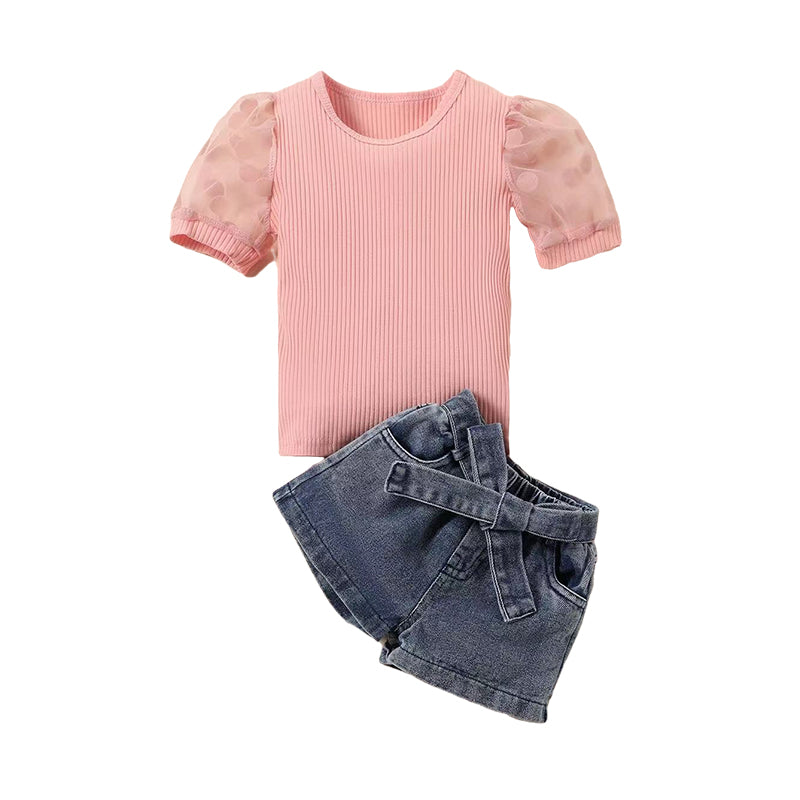 2 Pieces Set Baby Kid Girls Muslin&Ribbed T-Shirts And Solid Color Shorts Wholesale 220310587