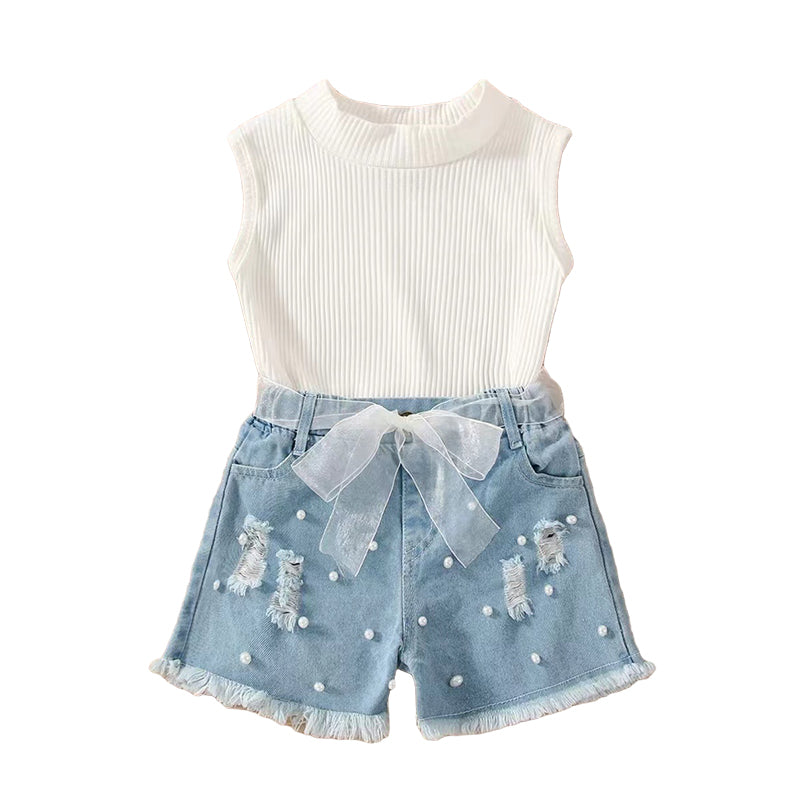2 Pieces Set Baby Kid Girls Solid Color Muslin&Ribbed Tank Tops And Ripped Shorts Wholesale 220310601