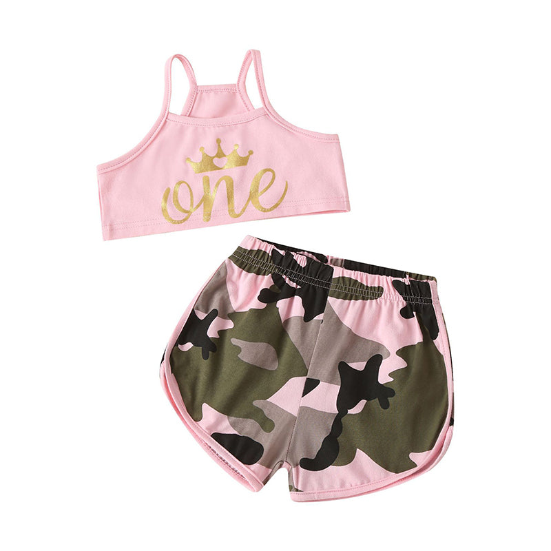 2 Pieces Set Baby Kid Girls Letters Print Tank Tops And Camo Shorts Wholesale 22031509