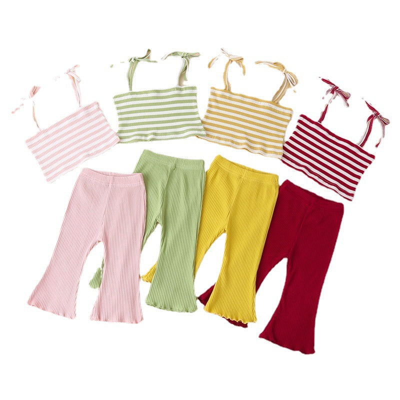 2 Pieces Set Baby Kid Girls Striped Bow Muslin&Ribbed Tank Tops And Solid Color Pants Wholesale 22031510