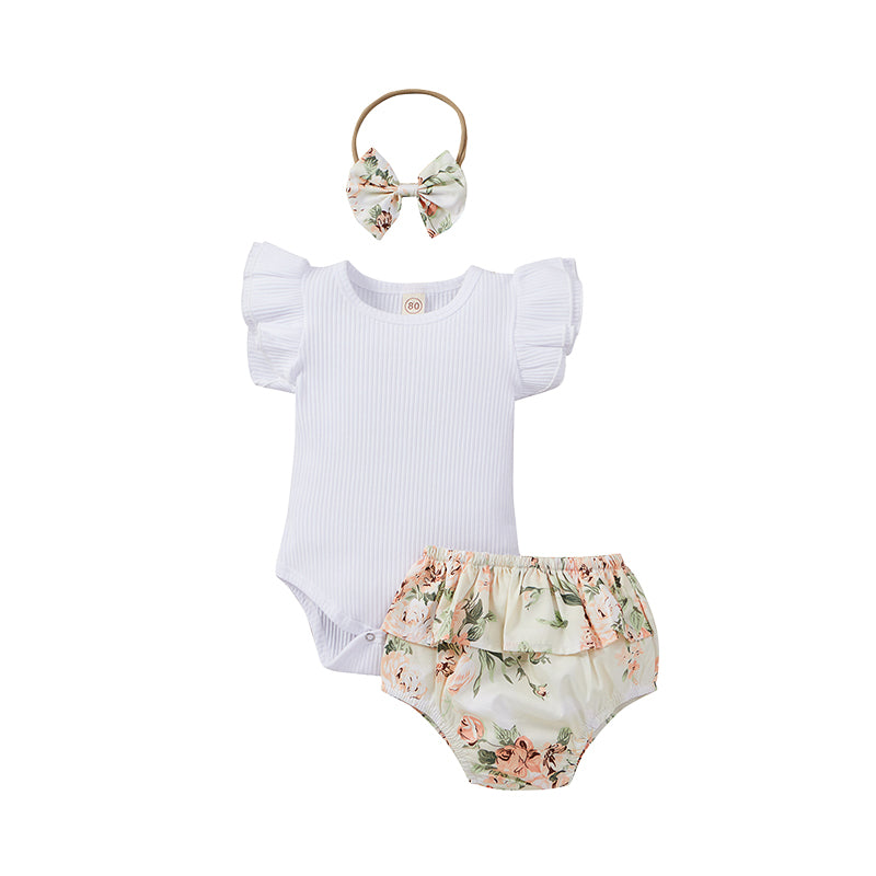 3 Pieces Set Baby Girls Solid Color Muslin&Ribbed Print Rompers And Flower Shorts And Headwear Wholesale 220315107