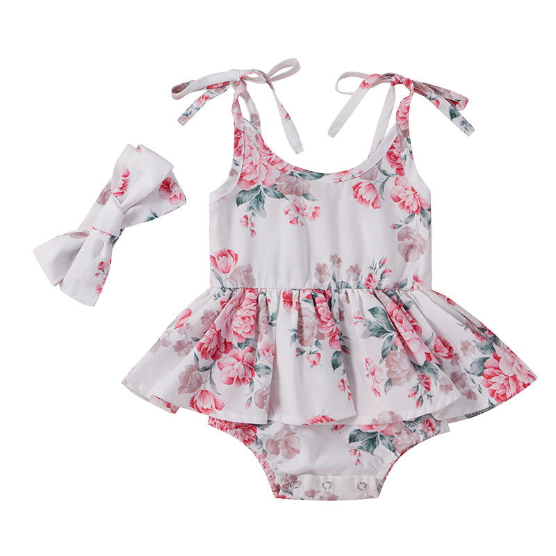 Baby Girls Flower Bow Print Dresses Headwear Wholesale 220315119
