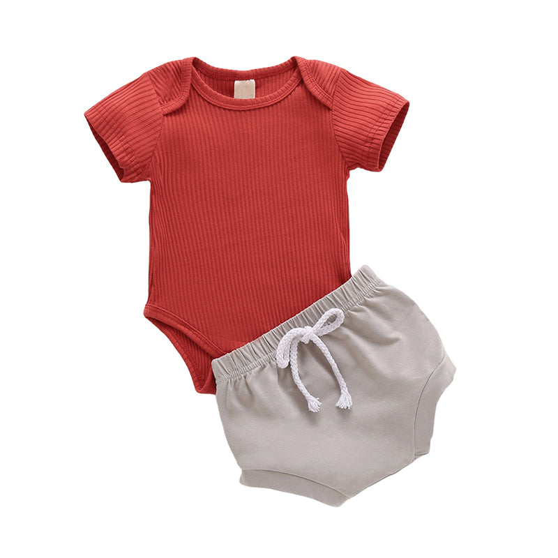 2 Pieces Set Baby Unisex Solid Color Muslin&Ribbed Rompers And Shorts Wholesale 220315124