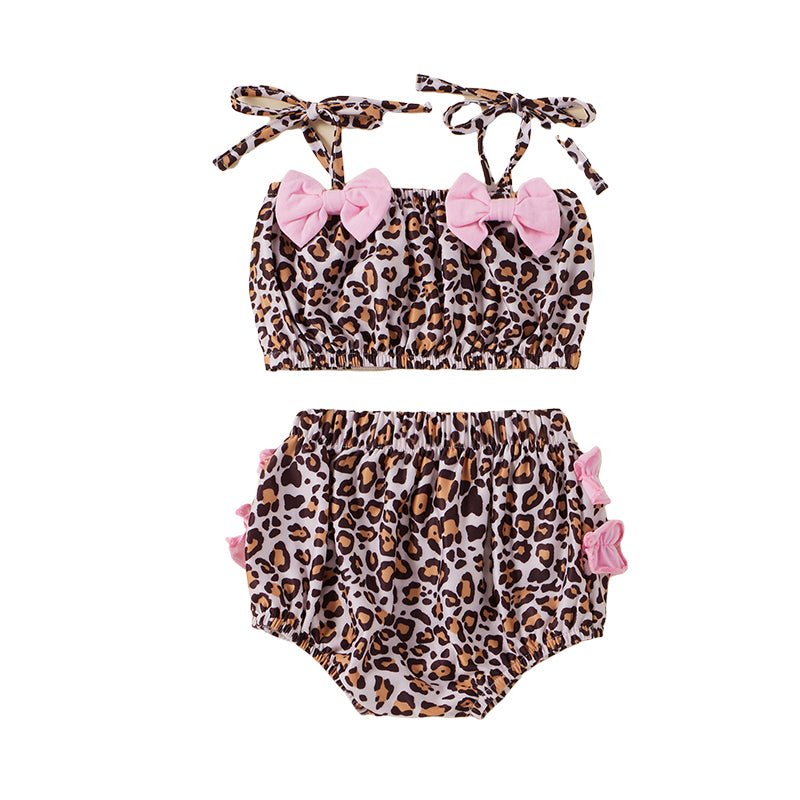 2 Pieces Set Baby Kid Girls Beach Leopard Bow Print Tops And Shorts Wholesale 220315129