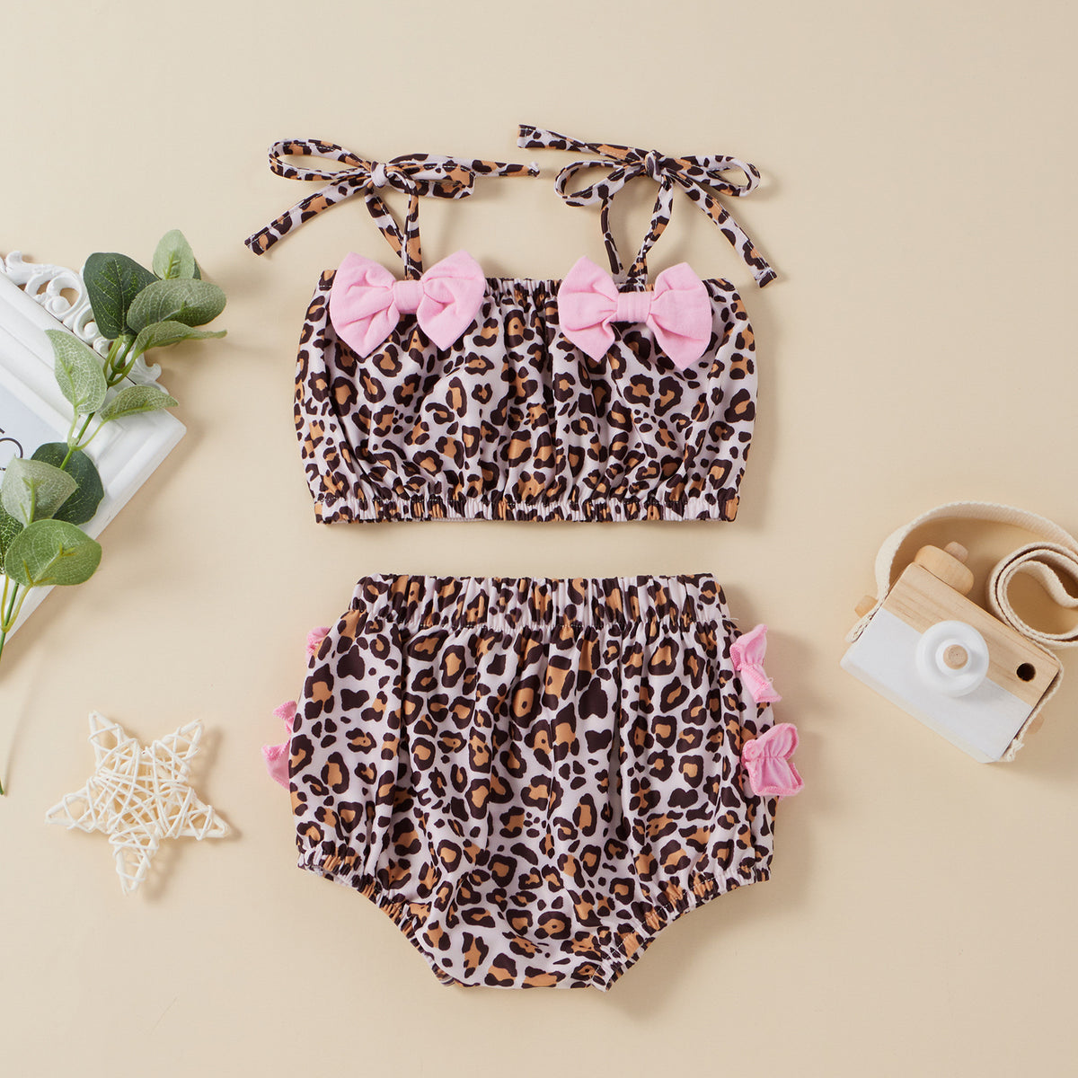 2 Pieces Set Baby Kid Girls Beach Leopard Bow Print Tops And Shorts Wholesale 220315129