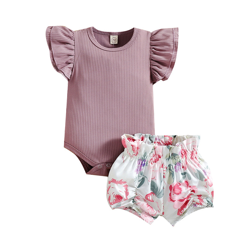 2 Pieces Set Baby Girls Solid Color Muslin&Ribbed Print Rompers And Flower Shorts Wholesale 220315164