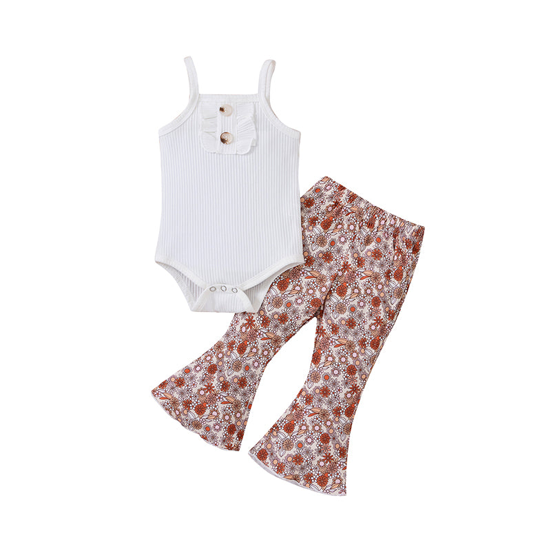 2 Pieces Set Baby Girls Solid Color Print Rompers And Flower Pants Wholesale 220315167