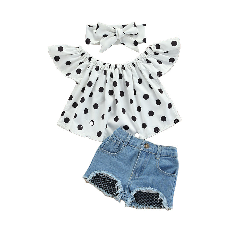 3 Pieces Set Baby Kid Girls Polka dots Print Tops Ripped Shorts And Bow Headwear Wholesale 220315169