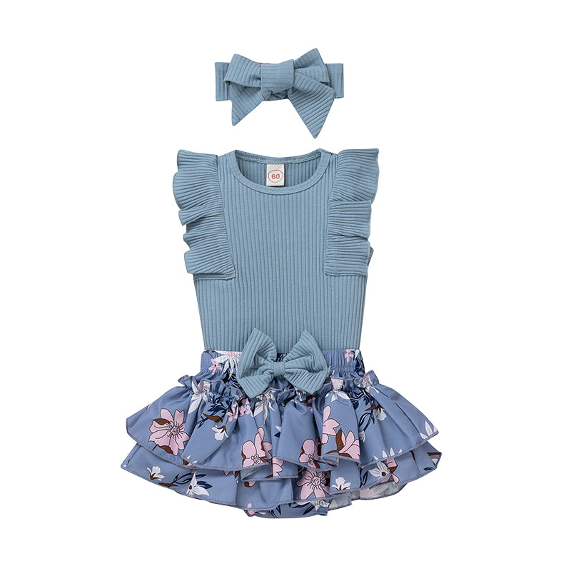 3 Pieces Set Baby Girls Solid Color Print Tank Tops Flower Skirts And Bow Headwear Wholesale 220315176