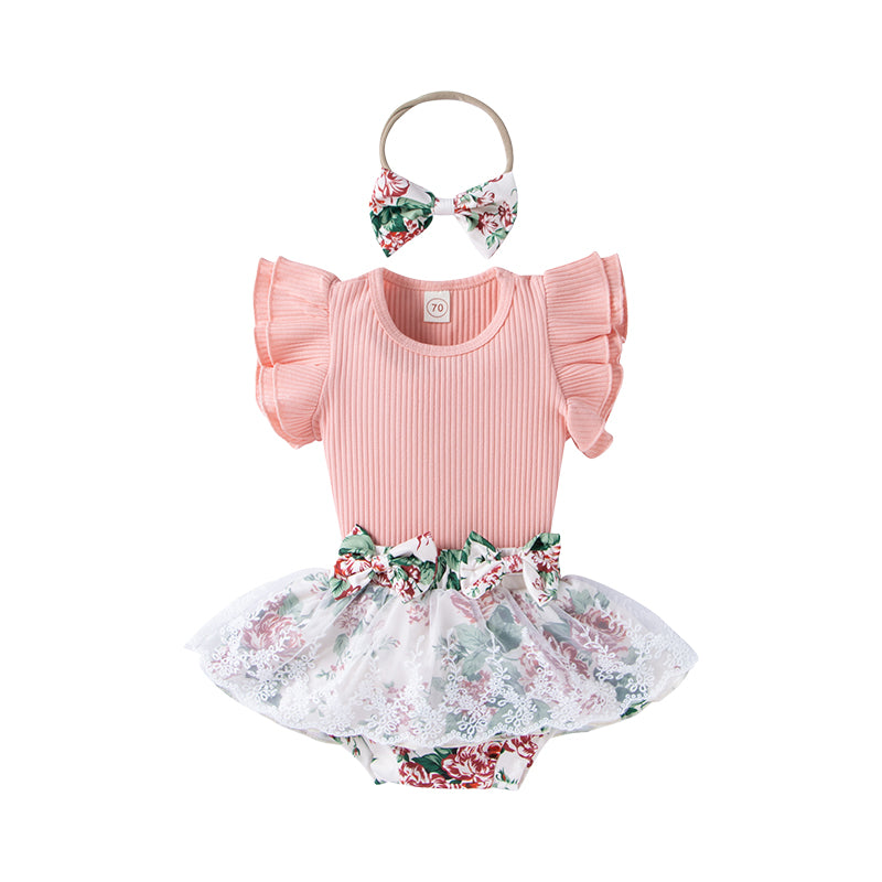 Baby Girls Flower Bow Lace Muslin&Ribbed Print Rompers Wholesale 220315187