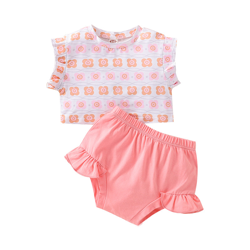 2 Pieces Set Baby Kid Girls Flower Print Tops And Solid Color Shorts Wholesale 220315196