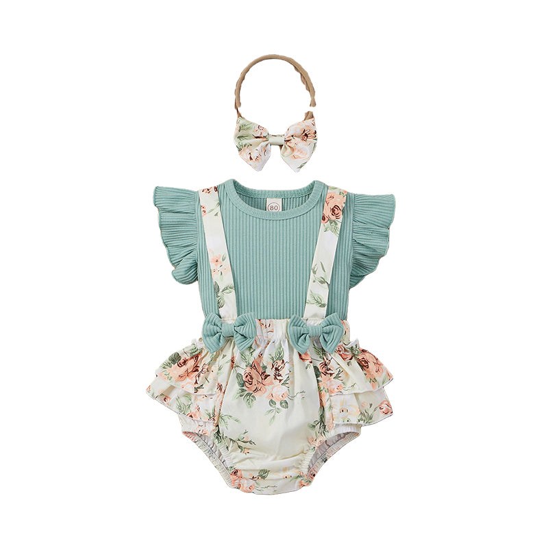 3 Pieces Set Baby Girls Solid Color Muslin&Ribbed Print Tops Flower Rompers And Bow Headwear Wholesale 220315197