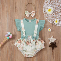 Load image into Gallery viewer, 3 Pieces Set Baby Girls Solid Color Muslin&amp;Ribbed Print Tops Flower Rompers And Bow Headwear Wholesale 220315197
