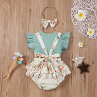 Load image into Gallery viewer, 3 Pieces Set Baby Girls Solid Color Muslin&amp;Ribbed Print Tops Flower Rompers And Bow Headwear Wholesale 220315197
