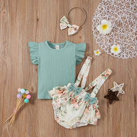 Load image into Gallery viewer, 3 Pieces Set Baby Girls Solid Color Muslin&amp;Ribbed Print Tops Flower Rompers And Bow Headwear Wholesale 220315197
