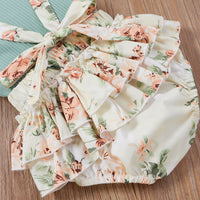 Load image into Gallery viewer, 3 Pieces Set Baby Girls Solid Color Muslin&amp;Ribbed Print Tops Flower Rompers And Bow Headwear Wholesale 220315197
