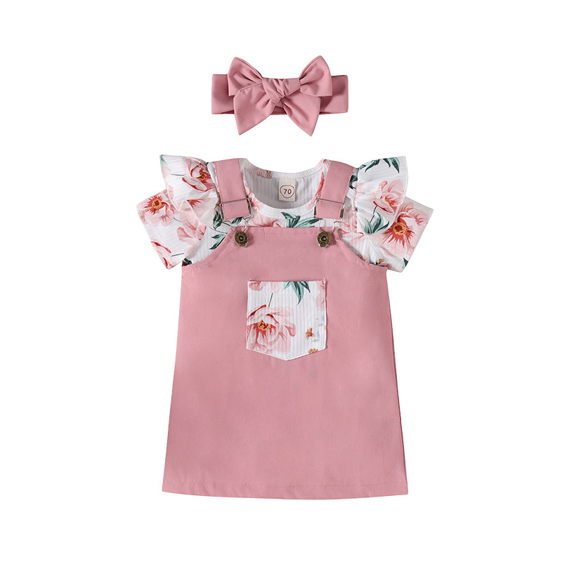 3 Pieces Set Baby Girls Flower Print Rompers Dresses And Bow Headwear Wholesale 220315199