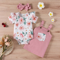 Load image into Gallery viewer, 3 Pieces Set Baby Girls Flower Print Rompers Dresses And Bow Headwear Wholesale 220315199
