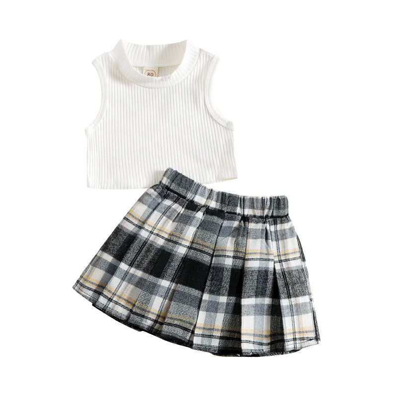 2 Pieces Set Baby Kid Girls Solid Color Muslin&Ribbed Tank Tops And Checked Skirts Wholesale 220315200