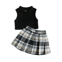 Load image into Gallery viewer, 2 Pieces Set Baby Kid Girls Solid Color Muslin&amp;Ribbed Tank Tops And Checked Skirts Wholesale 220315200
