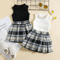 Load image into Gallery viewer, 2 Pieces Set Baby Kid Girls Solid Color Muslin&amp;Ribbed Tank Tops And Checked Skirts Wholesale 220315200
