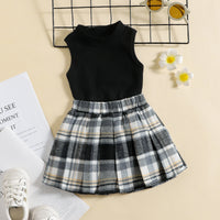 Load image into Gallery viewer, 2 Pieces Set Baby Kid Girls Solid Color Muslin&amp;Ribbed Tank Tops And Checked Skirts Wholesale 220315200
