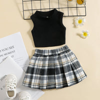 Load image into Gallery viewer, 2 Pieces Set Baby Kid Girls Solid Color Muslin&amp;Ribbed Tank Tops And Checked Skirts Wholesale 220315200
