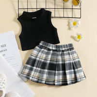 Load image into Gallery viewer, 2 Pieces Set Baby Kid Girls Solid Color Muslin&amp;Ribbed Tank Tops And Checked Skirts Wholesale 220315200
