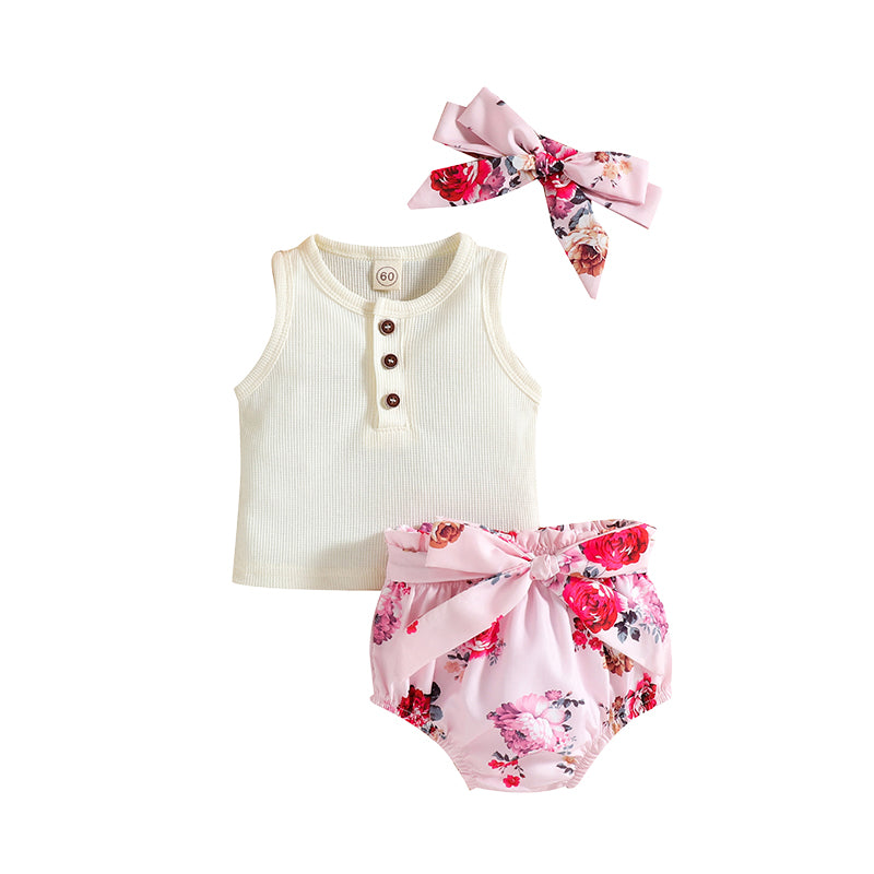 3 Pieces Set Baby Girls Solid Color Muslin&Ribbed Print Tops Flower Shorts And Bow Headwear Wholesale 220315201