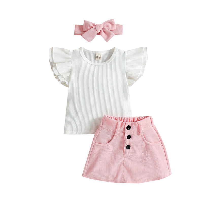 2 Pieces Set Baby Kid Girls Solid Color Bow Muslin&Ribbed Tank Tops And Skirts Wholesale 220315211