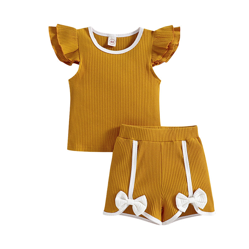 2 Pieces Set Baby Kid Girls Solid Color Muslin&Ribbed Tank Tops And Bow Shorts Wholesale 220315213
