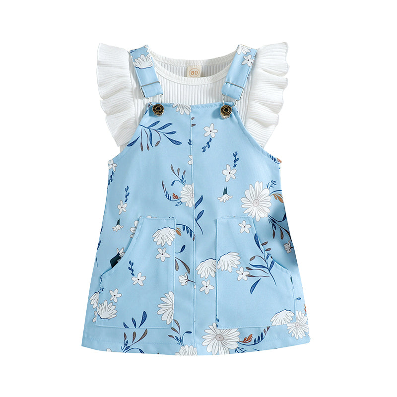 2 Pieces Set Baby Kid Girls Muslin&Ribbed Print Tops And Flower Dresses Wholesale 220315219