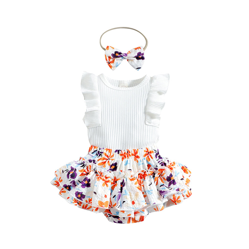 2 Pieces Set Baby Girls Bow Muslin&Ribbed Print Rompers And Flower Skirts Wholesale 220315220